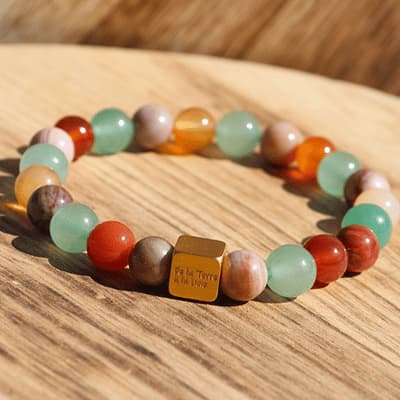 🔥 Feu Sacré – Bois Fossile, Cornaline, Aventurine Verte - Bijoux en pierre De la terre à la lune